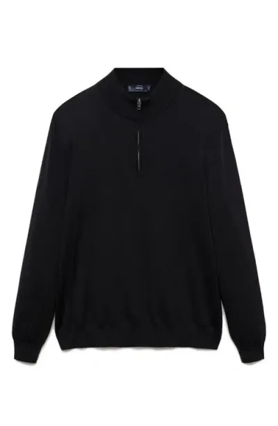 Mango Half Zip Merino Wool Sweater In Black