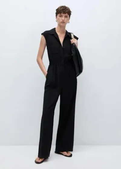 Mango Jumpsuit With Pockets And Shirt Collar Black