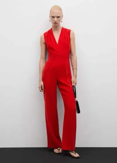 Mango Long Jumpsuit With Crossover Detail Red In Rouge