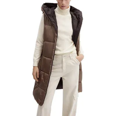 Mango Long Quilted Water Repellent Hooded Puffer Vest In Medium Brown