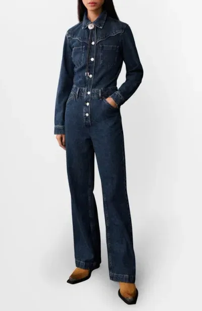 Mango Long Sleeve Denim Jumpsuit In Open Blue