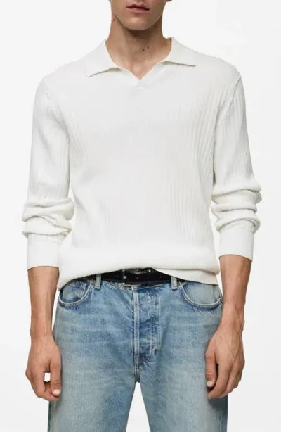 Mango Fine Rib-knit Polo Shirt Off White