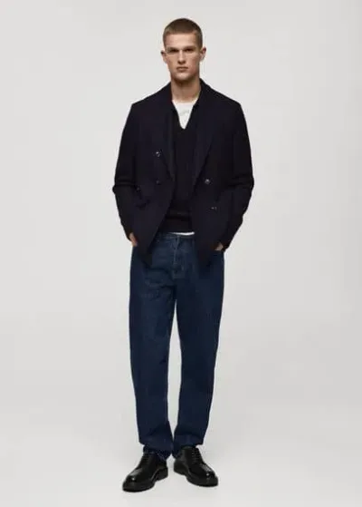 Mango Man Twill Slim-fit Double-breasted Jacket Dark Navy