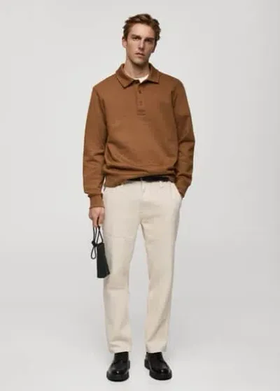 Mango Man Cotton Blend Polo Sweatshirt Tobacco Brown