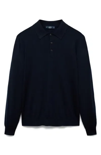 Mango Merino Wool Polo Sweater In Dark Navy