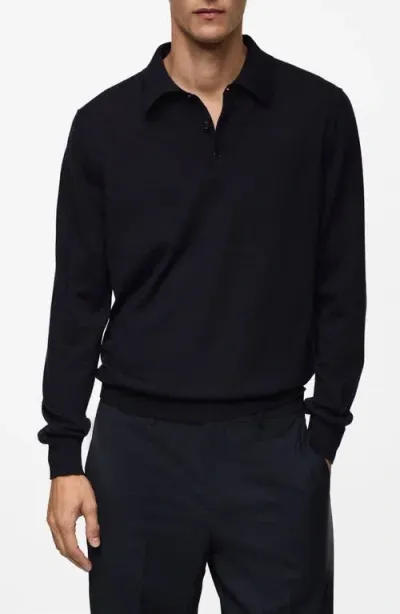 Mango Merino Wool Polo Sweater In Black