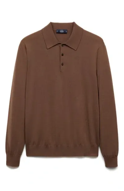 Mango Merino Wool Polo Sweater In Medium Brown