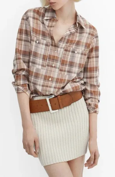 Mango Metallic Plaid Two-pocket Button-up Shirt In Brown