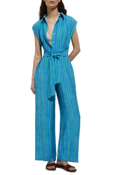 Mango Moraima Belted Stripe Jumpsuit In Blue