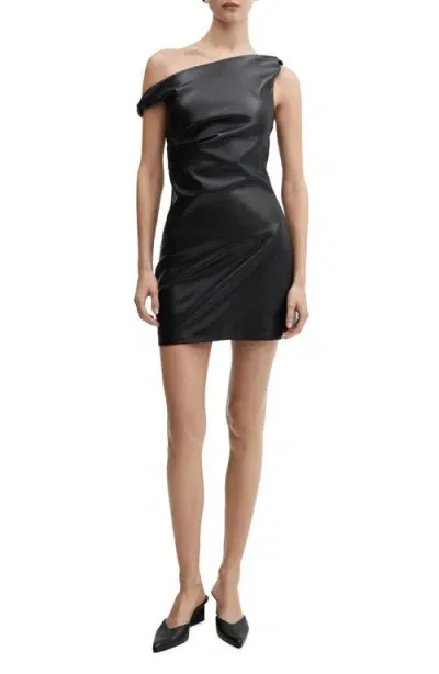 Mango One-shoulder Faux Leather Minidress In Black