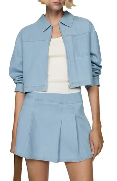 Mango Pocket Zip Front Crop Denim Overshirt In Light Blue