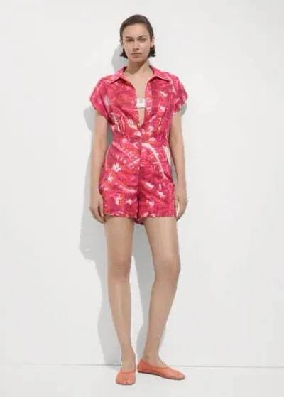 Mango Printed Shirt Jumpsuit Fuchsia