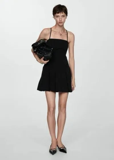 Mango Pleated Dress With Crossed Back Black In Noir