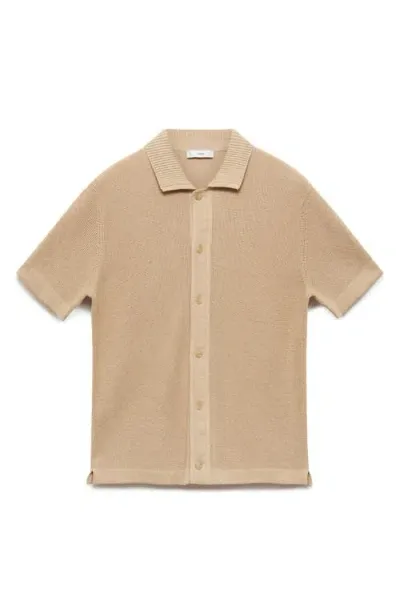 Mango Short Sleeve Knit Button-up Shirt In Beige