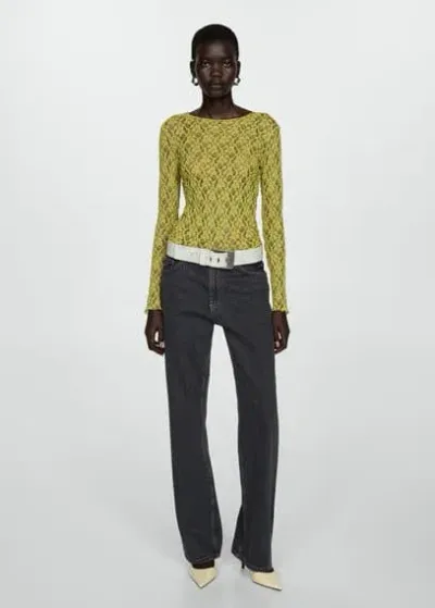 Mango Round Neck Lace T-shirt Green In Vert