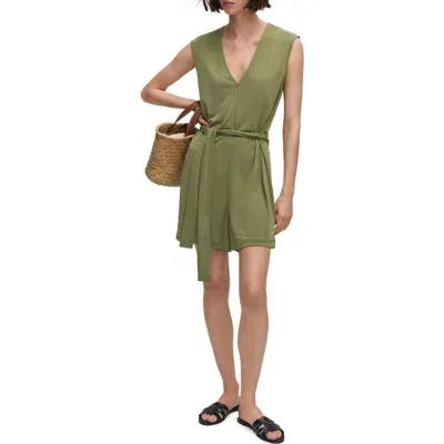 Mango Tie Waist V-neck Romper In Green