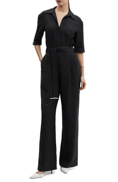 Mango Tie Waist Wide Leg Jumpsuit In Black