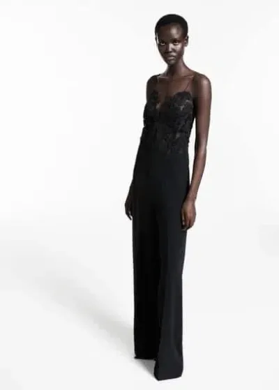 Mango Tulle Jumpsuit With Lace Detail Black