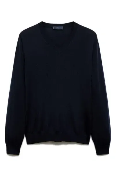 Mango V-neck Merino Wool Sweater In Dark Navy