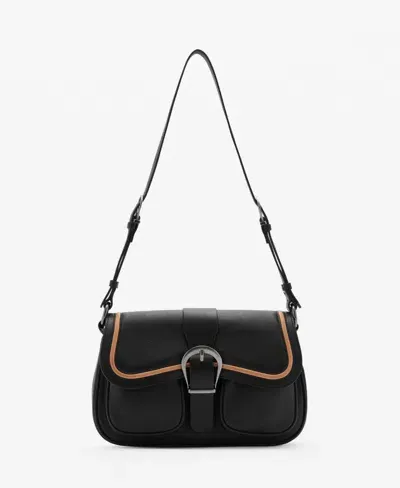 Mango Buckle Leather Shoulder Bag In Black