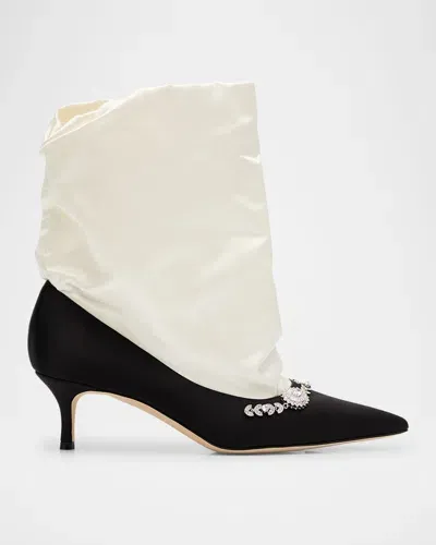 Manolo Blahnik Bicolor Satin Crystal Bootie Pumps In Schwarz