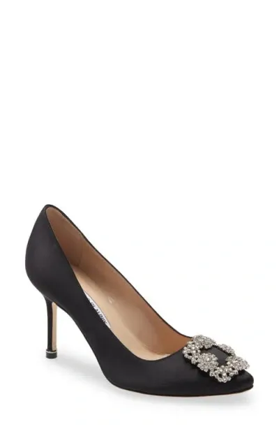 Manolo Blahnik Hangisi Crystal Buckle Pump In Black Satin/clear Buckle