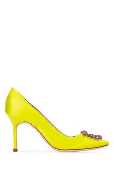 Manolo Blahnik 105mm Hangisi Satin Pumps In Yellow