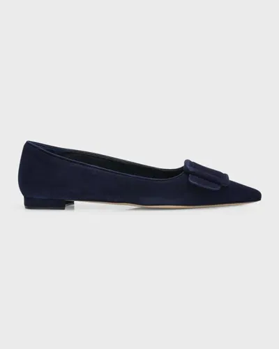 Manolo Blahnik Maysale Suede Buckle Ballerina Flats In Navy4116