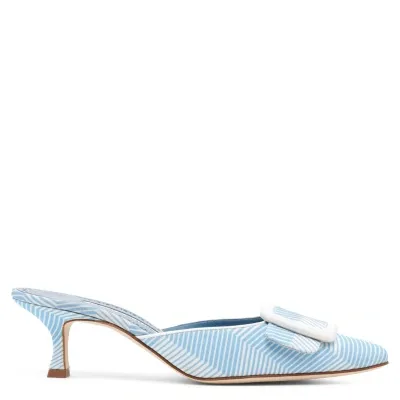 Manolo Blahnik 50mm Maysalebi Grosgrain Mules In Light Blue,white