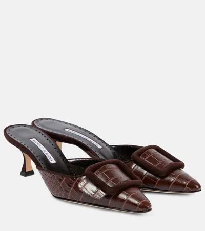 Manolo Blahnik Maysalebi 50 Croc-effect Leather Mules In Brown