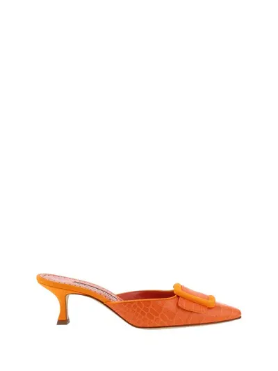 Manolo Blahnik Maysalebi 50 Suede-trimmed Croc-effect Leather Mules In Orange