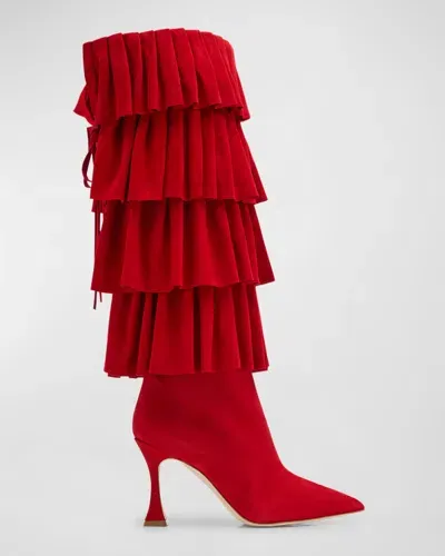 Manolo Blahnik Miralone Ruffled Suede Knee Boots In Red