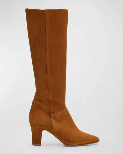 Manolo Blahnik Pitana Suede Block-heel Knee Boots In Medium Brown