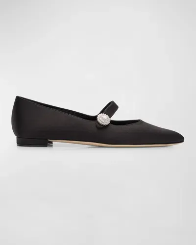 Manolo Blahnik Satin Crystal Mary Jane Ballerina Flats In Black