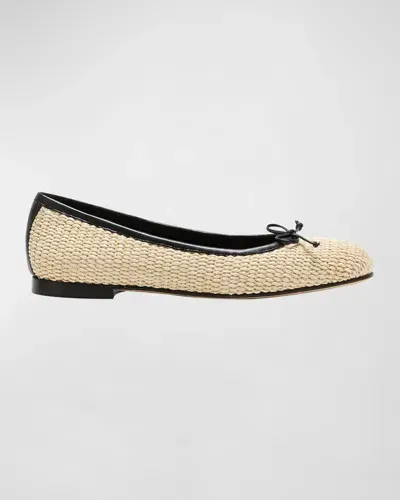 Manolo Blahnik Veralli Woven Bow Ballerina Flats In Khaki