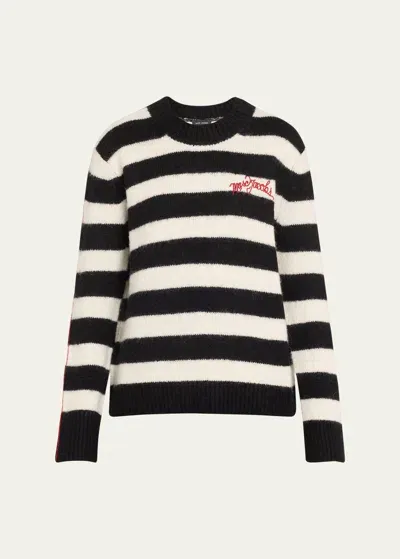 Marc Jacobs Logo Striped Wool Crewneck Sweater In White