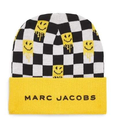 Marc Jacobs Kids' Check-pattern Ribbed-knit Beanie In Yellow