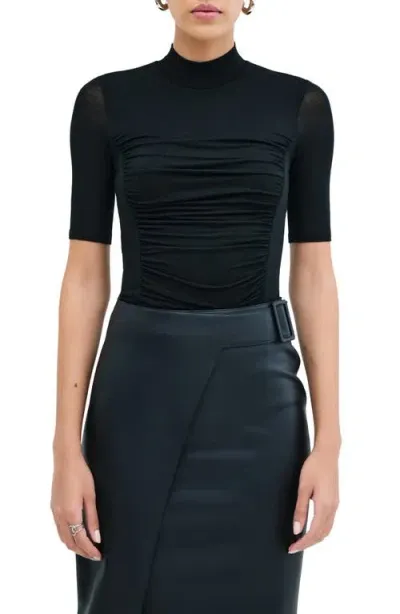 Marcella Logan Ruched Mock Neck Top In Black