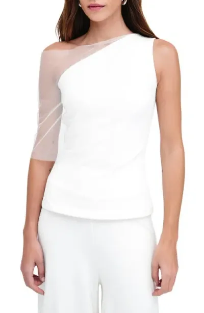 Marcella Zinnia Mixed Media Layered One-shoulder Top In Off White