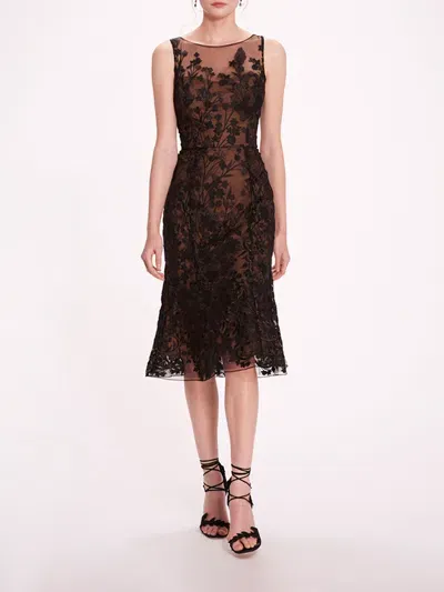 Marchesa Embroidered Tulle Midi Dress In Black