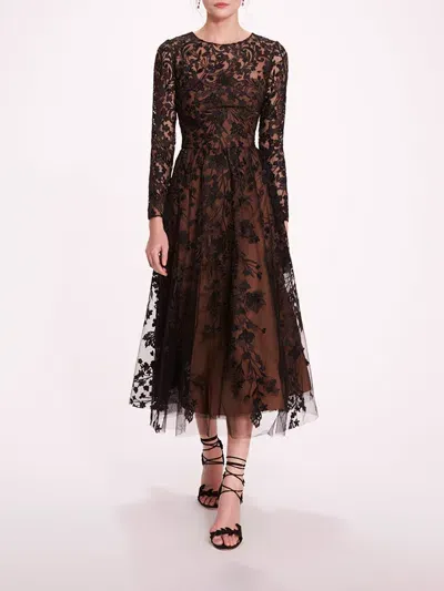 Marchesa Long Sleeve Tulle Midi Dress In Black