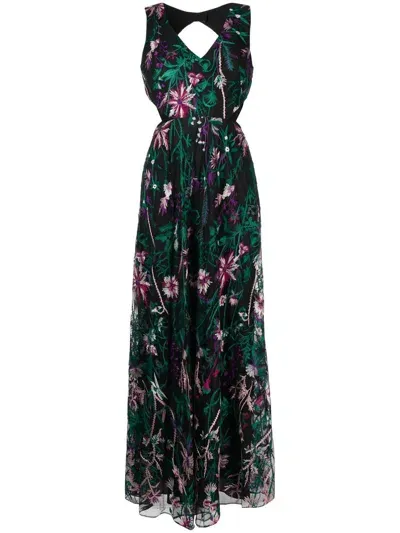 Marchesa Notte Cut-out Floral-embroidery Gown In Schwarz