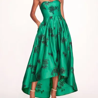 Marchesa Notte Floral-embroidery Strapless Midi Dress In Green