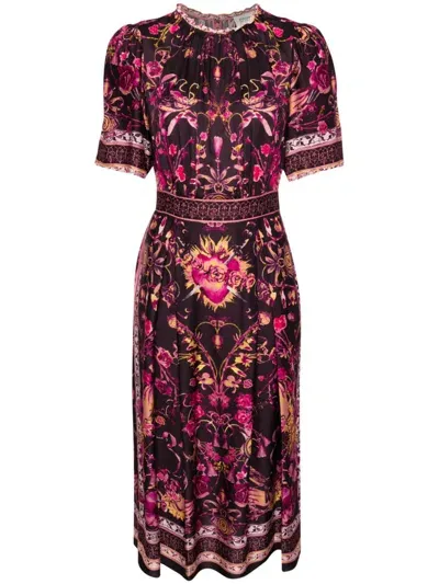 Marchesa Rosa Soma Floral-print Midi Dress In 红色