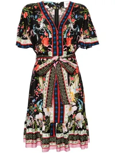 Marchesa Rosa Zea Floral-print Belted Dress In Black