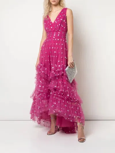 Marchesa Sequin Dot Texture Tea Length Dress In Fuchsia