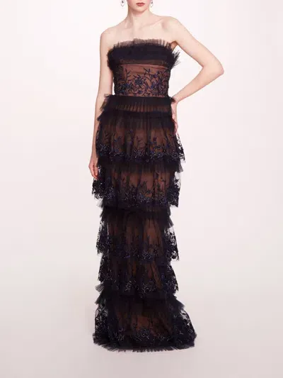 Marchesa Tiered Terrarium Column Gown In Midnight