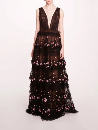 Marchesa Tiered Terrarium V-neck Gown In Black Blush