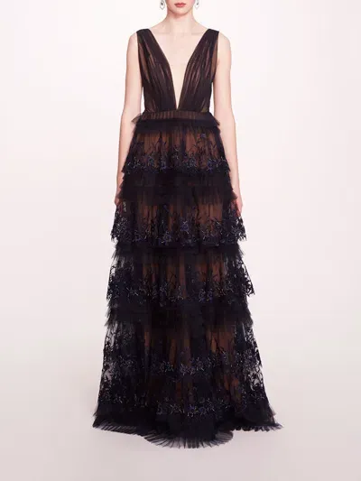 Marchesa Tiered Terrarium V-neck Gown In Midnight