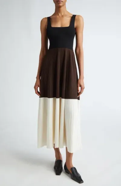 Maria Mcmanus Colorblock Square Neck Rib Dress In Black,chocolate,ivory